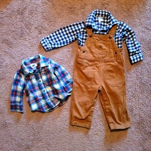 Toddler Carhartt bib overalls with two flannel shirts